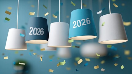 Colorful 2026 countdown decor with minimalist white paper lamps in a modern setting