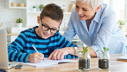 Grandmother helping her grandson with homework at the kitchen table with laptop and plants