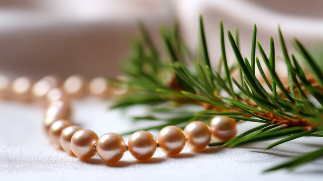 Elegant luxury pearls intertwined with fresh pine branches create beautiful texture perfect for Christmas celebration
