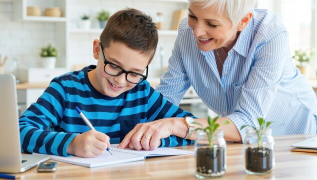 Grandmother helping her grandson with homework at the kitchen table with laptop and plants