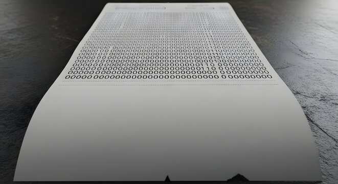 Close-up of a printed sheet with rows of tiny circles and a blank space at the bottom on a dark surface, possibly used for data or design purposes