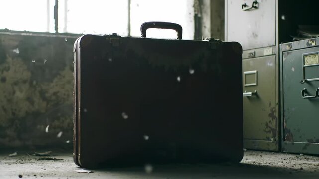 Vintage briefcase with damaged files in abandoned building, concept of business failure.