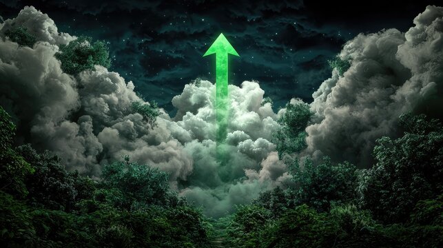 Mysterious Green Arrow Pointing Upward Through Dark Clouds in Starry Night Sky Over Dense Nature Landscape