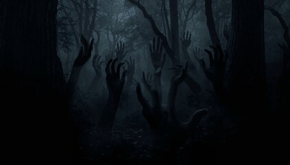 Eerie Dark Forest with Ghostly Hands Reaching from Shadows