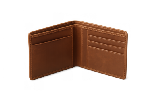 Empty brown leather bifold wallet open for financial management and personal savings against a transparent background