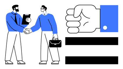 Two businessmen shaking hands, holding briefcase and document, next to a large handshake icon and equality bars. Ideal for teamwork, partnership, business ethics, trust building, negotiations