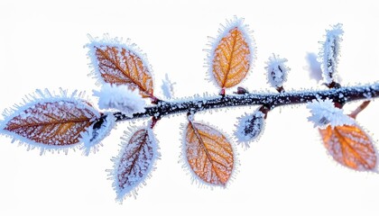 A branch with several brown autumn leaves is covered in delicate frost crystals, creating a beautiful winter scene.