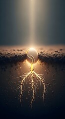 A glowing egg partially buried in soil with roots extending downward, illuminated by a vertical beam of light, symbolizing growth and new beginnings underground
