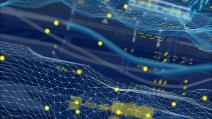 Tech 3D visualization is showing wavy mesh layers with connected nodes and glowing data points. Futuristic, digital, abstract, network, technology, data, visualization