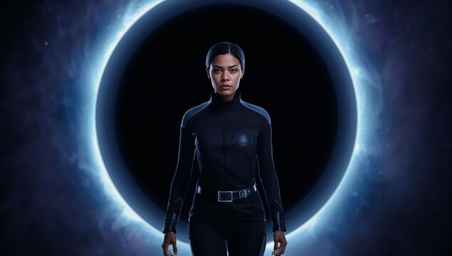 Confident Space Explorer with Futuristic Background and Light Effects