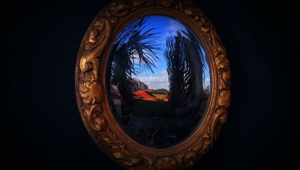 Vintage Mirror Reflecting Colorful Landscape with Vibrant Details