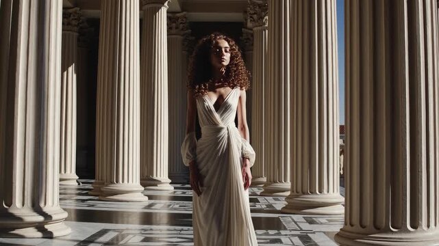 Woman stands in columned hall in gown. Model poses with elegant statuesque posture. Marble architecture frames portrait highlighting fashion. Formal styling suits editorial commercial use. Good for