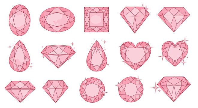 A collection of sparkling pink gemstone cuts displayed on a white background.