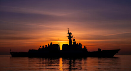 Majestic naval vessel silhouette against a vibrant sunset sky, reflecting peacefully on calm ocean waters
