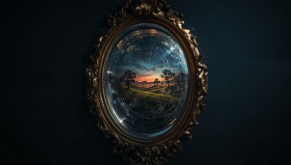 Obraz premium Enchanted Landscape Reflection in Ornate Framed Mirror