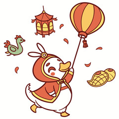 SVG art: A Content Duck in a Lunar New Year / Chinese New Year vibe with with a balloon, tinted with Year of the Dragon (or relevant animal) tones