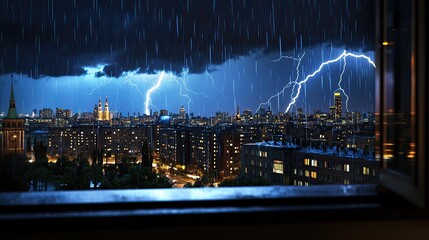 Obraz premium Dramatic Thunderstorm Over City Skyline at Night with Flashing Lightning and Heavy Rainfall Through Open Window