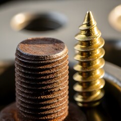 Close-up of a stack of coins and a golden screw on a mechanical device, illustrating precision and craftsmanship in hardware components