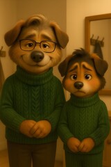 Cute Father and Son Dog Characters in Matching Green Sweaters – 3D Cartoon Portrait