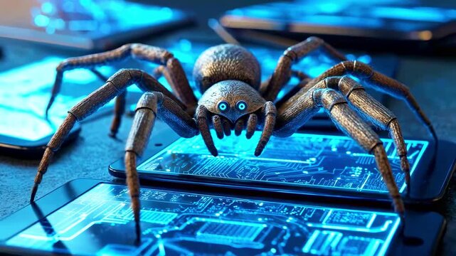 A robotic spider, glowing blue, atop screens with circuit board patterns