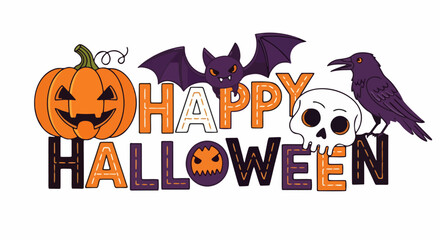 Fototapeta premium Halloween illustration with pumpkin, bat, skull, and crow.