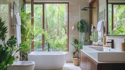 Fototapeta premium Serene Modern Bathroom Surrounded by Lush Greenery with Bathtub and Fresh Plants for Tranquil Escape and Relaxation