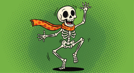 Cartoon skeleton with orange scarf waving on green background.