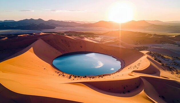 An aerial view captures a striking contrast between a serene blue lake and vast, undulating golden sand dunes, bathed in the warm glow of a setting sun. - Powered by Adobe