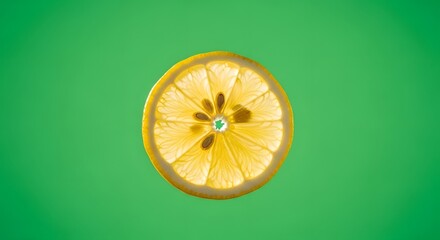 A close-up of a lemon slice with visible seeds and juicy pulp against a vibrant green background