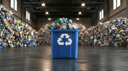 Blue Recycling Bin in Industrial Facility Surrounded by Piles of Recyclable Materials with Bright Lighting