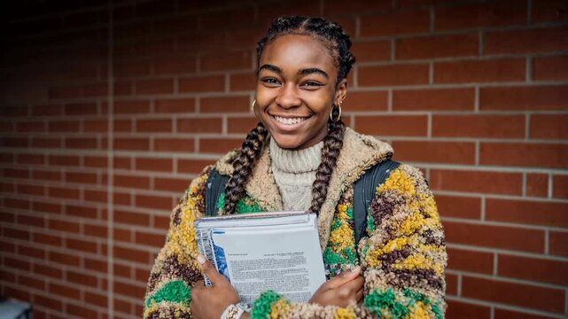 Student with notebook smiles by brick wall&mdash;achievement, college life, studying, confidence, and future goals in a clean, relatable portrait