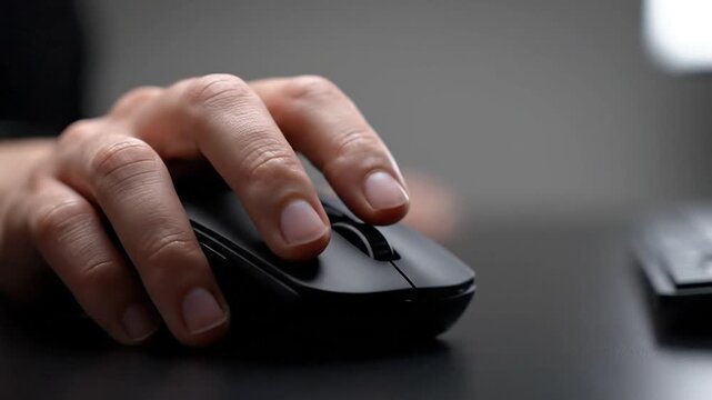 A hand rests on and clicks a black computer mouse, with focus on the hand and the device