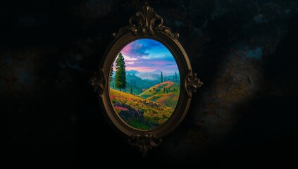 Scenic Reflection in Vintage Frame Overlooking Serene Landscape