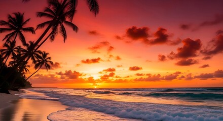 Stunning colorful sunset view from a sandy beach with silhouettes of palm trees against a beautiful evening sky over the sea