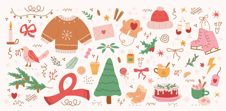 winter pattern, cute illustration.  tree, stars, dots, snow, simple  design. hand drawn doodles are isolated on a pink background. A trend concept for print, banner, social network, poster. vector art