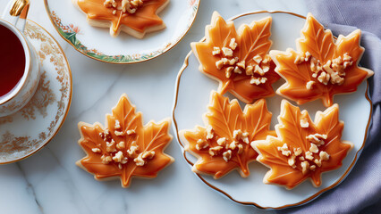 Top-view of a fictional plate of Glazed Maple Leaf-Shaped Cookies, covered in rich caramel and topped with walnuts, tea in a cup. The background is a soft white marble surface.