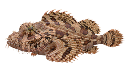Camouflaged scorpionfish with intricate patterns swimming in the deep ocean water