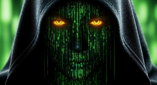 Face made of binary code with glowing eyes in darkness