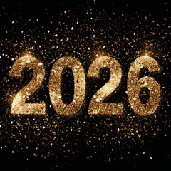 Golden glitter numbers 2026 shimmer on a dark background, creating a luxurious and festive New Year design. Bright sparkling details add elegance and highlight the warm holiday feeling in the scene.