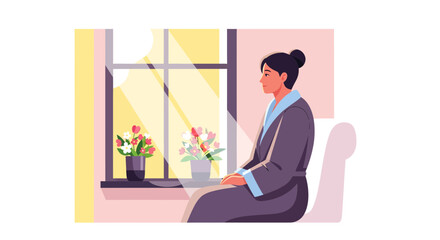 Fototapeta premium Woman Embracing Serenity Beside a Bright Window with Floral Arrangements