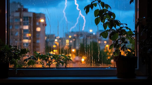 Serene Urban Storm View with Lightning, Rain Drops, and City Lights in Evening Twilight Through Window
