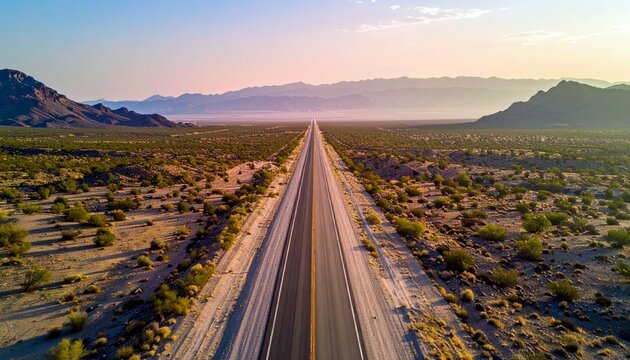 An aerial drone shot captures a long, straight highway cutting through a vast desert landscape towards distant mountains under a soft sunrise sky.