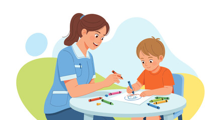 Woman Guides Young Boy In Creating Artistic Expression Through Coloring Activity