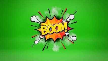 Comic book style "BOOM" explosion with yellow text, bursting effect on a vibrant green background - Powered by Adobe