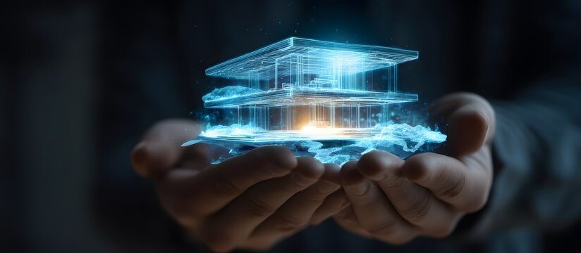 A businessman holds in his hands a glossy digital plan of a modern house.