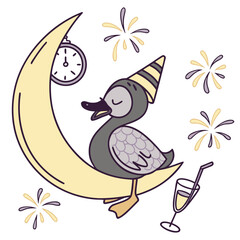 Playful Relaxed Duck design, styled with sitting on a moon and New Beginnings shades in a New Year's Eve/Day setting