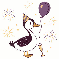 Vector illustration of a Funny Duck with with a balloon, styled in a New Year's Eve/Day theme using New Beginnings colors
