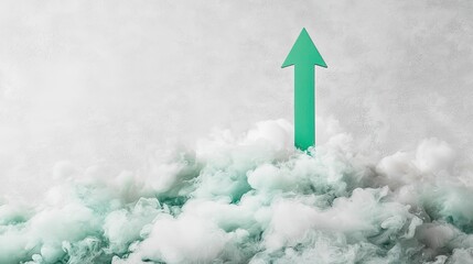 Green Arrow Rising Through Beautiful Abstract Clouds on a Soft Gray Background