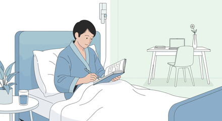 Patient Writing In Bed While Being Ill, Resting And Working In The Hospital Room