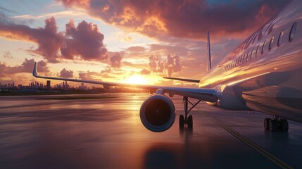 Airplane wing at sunset with vibrant clouds and city skyline reflection on wet runway, travel and adventure concept